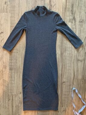 Gray Half Sleeve Fitted Midi Dress with Short Turtle Neck